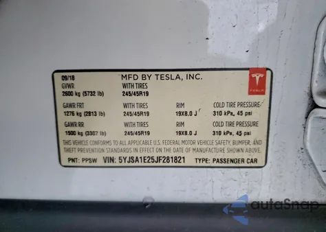 2018 Tesla Model S z USA, uszkodzony, nr VIN 5YJSA1E25JF281821